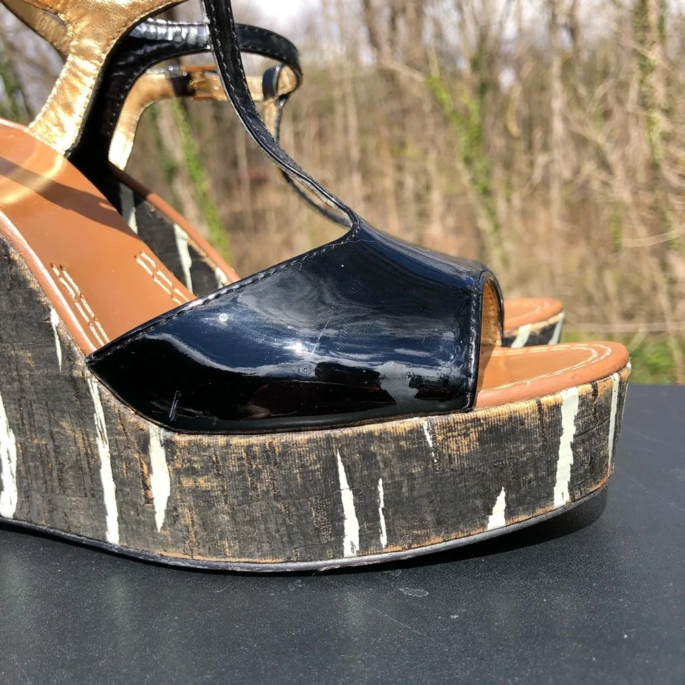 KATE SPADE New York Black Patent Leather Cork Wedge Platform Size 6.5‎ M (b10)